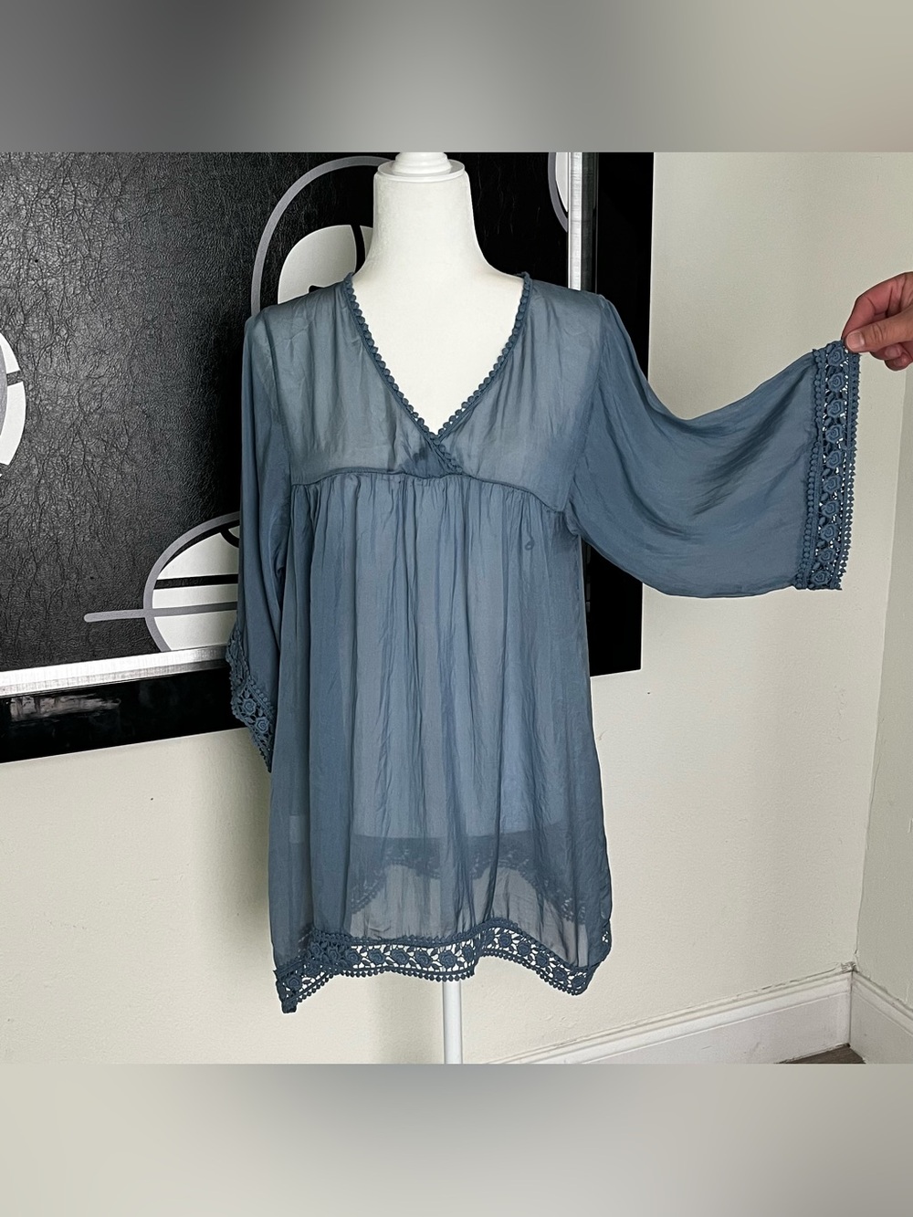 Isabel Tavares Women's V-Neck 100% Silk Tunic Top Slate Blue lace bohemian